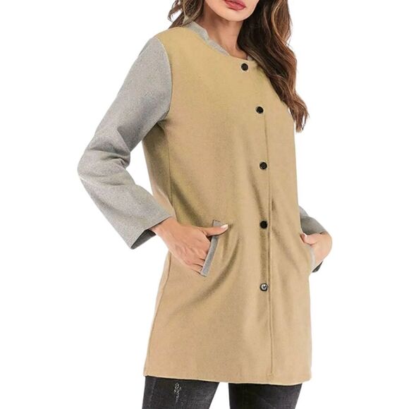 Women Lady Long Woolen Coat Autumn Long Sleeve Contrast Color Patchwork Size L - Picture 2 of 14